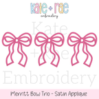 Merritt Bow Trio Satin Stitch Applique Embroidery Design: Design preview of three pink Merritt bow satin applique outlines in a row