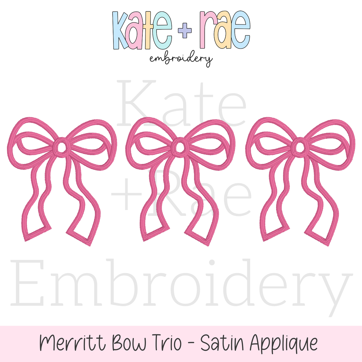 Merritt Bow Trio Satin Stitch Applique Embroidery Design: Design preview of three pink Merritt bow satin applique outlines in a row