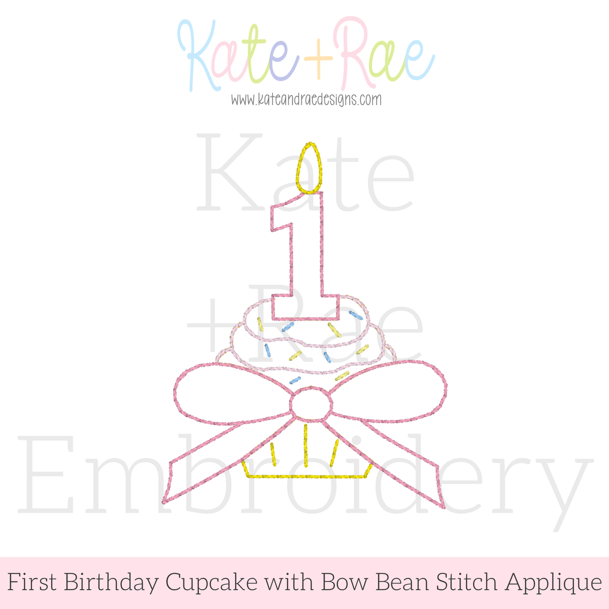 1st Birthday Cupcake with Bow Bean Stitch Applique Embroidery Design