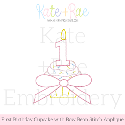 1st Birthday Cupcake with Bow Bean Stitch Applique Embroidery Design