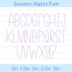 Summer Nights Bean Stitch Embroidery Font: Uppercase A to Z alphabet in a thin purple bean stitch font, available in 1 to 3 inch sizes