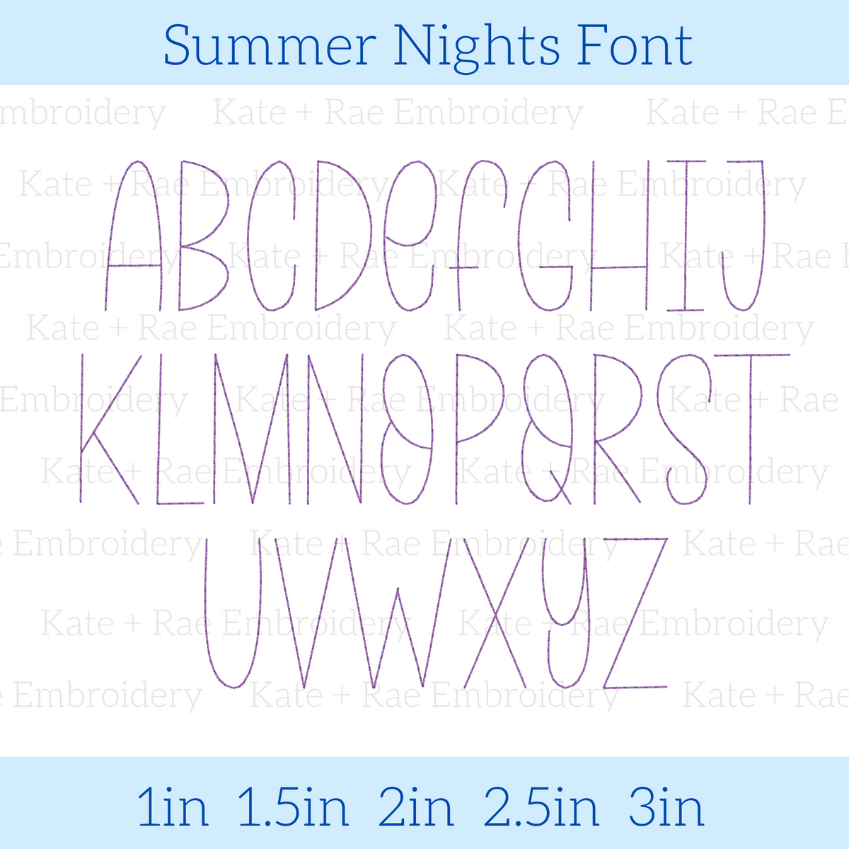 Summer Nights Bean Stitch Embroidery Font: Uppercase A to Z alphabet in a thin purple bean stitch font, available in 1 to 3 inch sizes