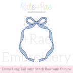 Emma Long Tail Monogram Bow Satin Stitch with Bean Outline Embroidery Design: Design preview of a light blue Emma long tail bow frame with a navy bean outline