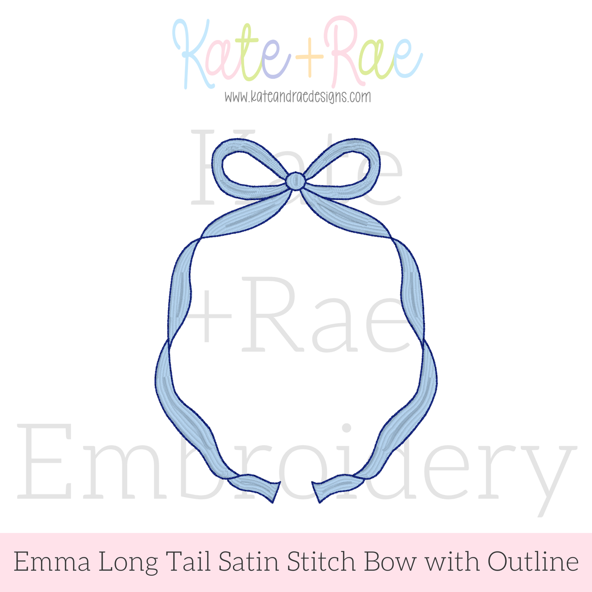 Emma Long Tail Monogram Bow Satin Stitch with Bean Outline Embroidery Design: Design preview of a light blue Emma long tail bow frame with a navy bean outline