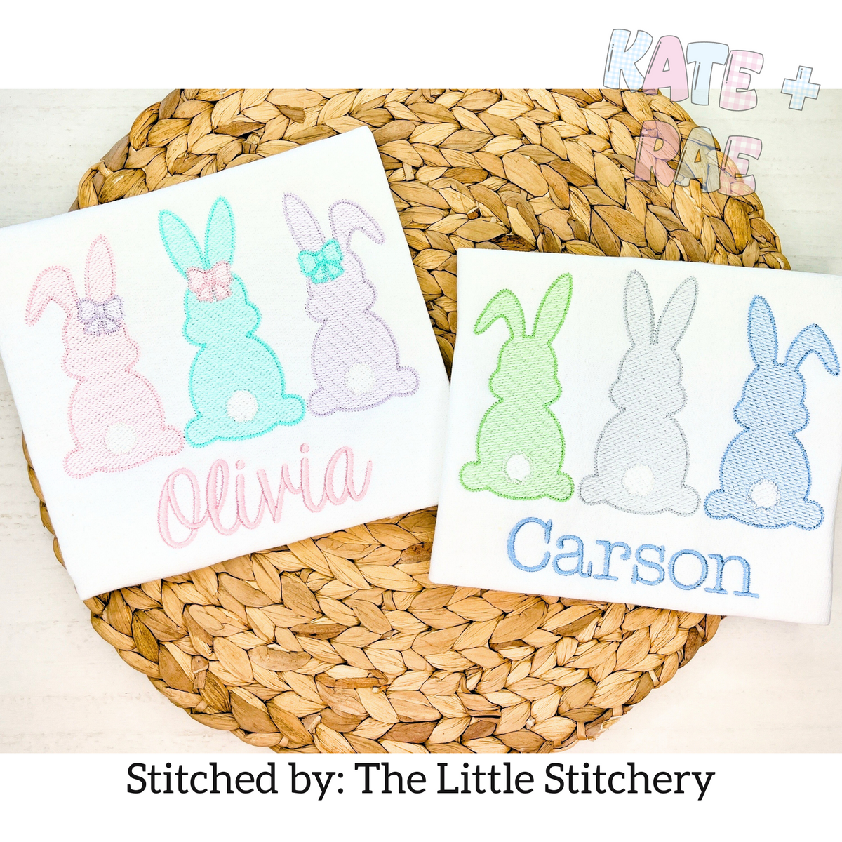 Girl's Easter Bunny Trio Sketch Stitch Embroidery Design: Two shirts side by side, pastel bunnies with bows above Olivia and green, gray, and blue bunnies above Carson