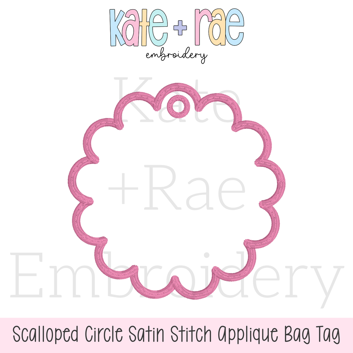 ITH Scalloped Circle Bag Tag Satin Stitch Applique Embroidery Design: Design preview of a pink scalloped circle satin stitch applique bag tag outline