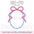 Oval Monogram Frame with Bow Satin Stitch Embroidery Design: Design preview of a light blue oval monogram frame with a pink satin bow on top