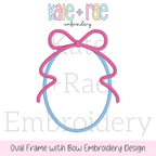 Oval Monogram Frame with Bow Satin Stitch Embroidery Design: Design preview of a light blue oval monogram frame with a pink satin bow on top