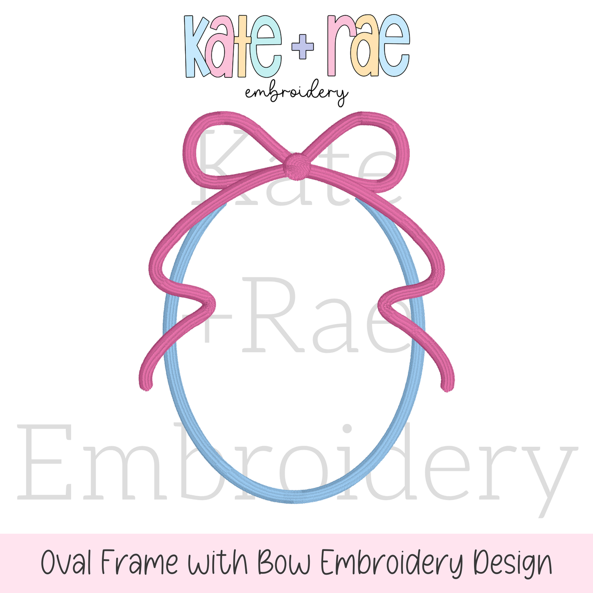 Oval Monogram Frame with Bow Satin Stitch Embroidery Design: Design preview of a light blue oval monogram frame with a pink satin bow on top