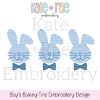 Boy's Easter Bunny Trio Sketch Stitch Embroidery Design: Design preview of three blue sketch bunnies with whiskers and bow ties, available in 5x5, 5x7, 6x6, 7x7, and 8x8