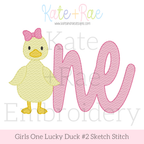 Girls One Lucky Duck with Bow Tie #2 Sketch Stitch Embroidery Design: Design preview of a yellow sketch duck with a pink bow beside the word one in pink script