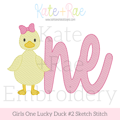 Girls One Lucky Duck with Bow Tie #2 Sketch Stitch Embroidery Design