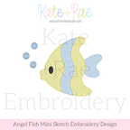 Angel Fish Mini Sketch Stitch Embroidery Design: Design preview of a yellow and blue striped sketch stitch angel fish with bubbles