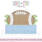 Football with Name Plate Sketch Stitch Applique Embroidery Design: Design preview of a brown sketch stitch football with a light blue name plate