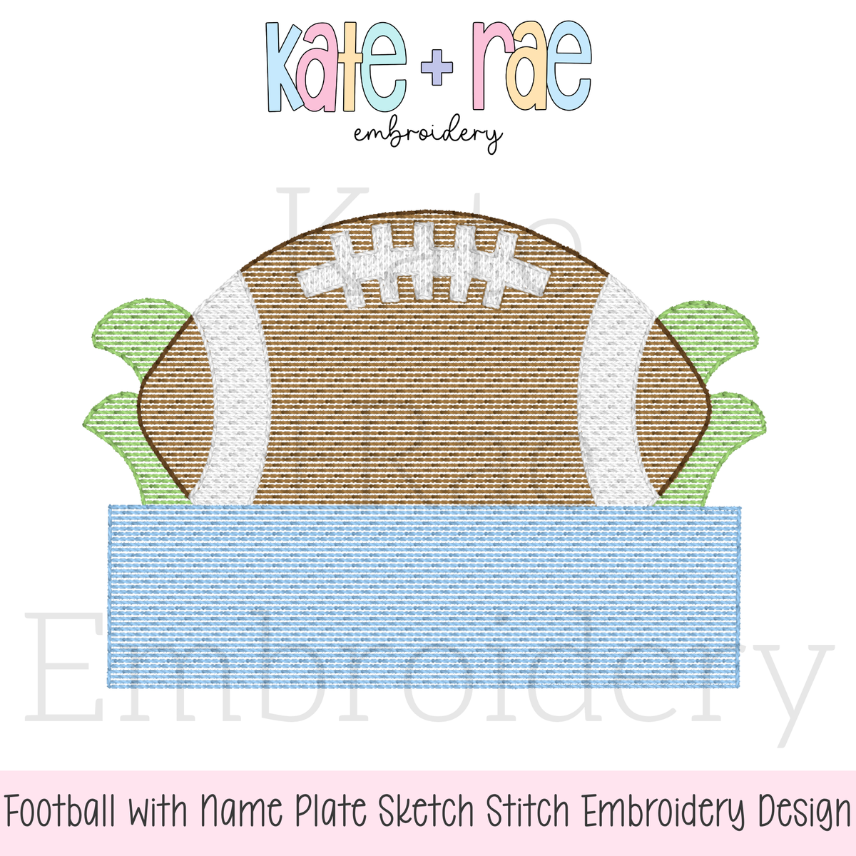Football with Name Plate Sketch Stitch Applique Embroidery Design: Design preview of a brown sketch stitch football with a light blue name plate