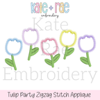 Tulip Party Zigzag Stitch Applique Embroidery Design: Design preview of five pastel zigzag outline tulips with green stems