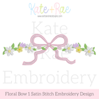 Floral Bow Satin Stitch Embroidery Design: Design preview of a daisy and floral vine with a pink satin bow in the center