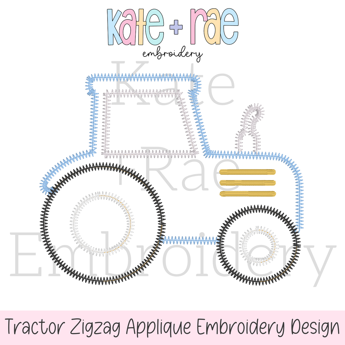 Tractor Zigzag Stitch Applique Embroidery Design: Design preview of a blue and gray zigzag outline tractor
