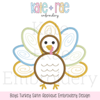 Boy's Thanksgiving Turkey Satin Applique Machine Embroidery Design: Design preview of a boy's satin stitch applique turkey outline with swirl feathers