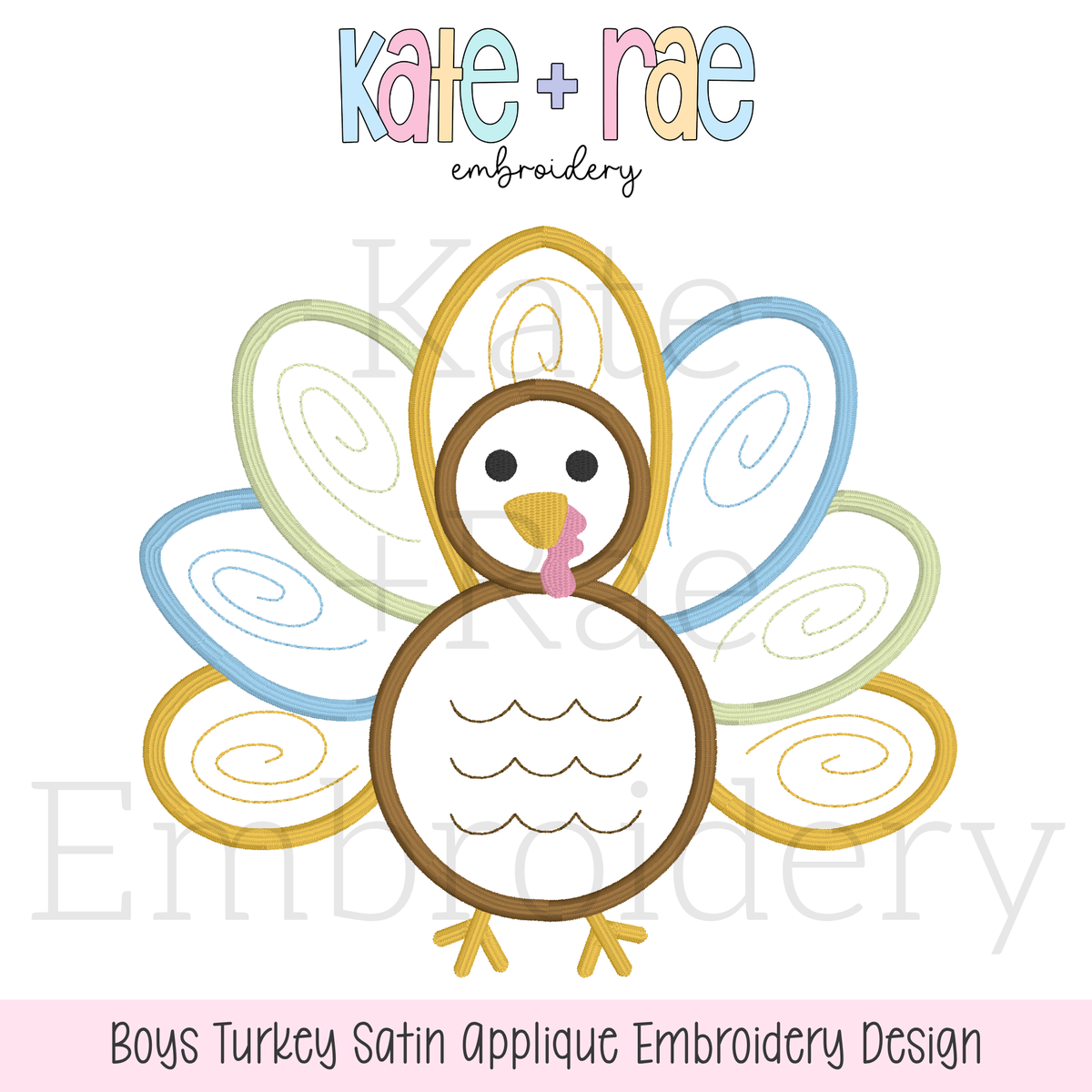 Boy's Thanksgiving Turkey Satin Applique Machine Embroidery Design: Design preview of a boy's satin stitch applique turkey outline with swirl feathers
