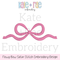 Flowy Bow Satin Stitch Embroidery Design: Design preview of a pink flowy bow satin stitch with long curling tails