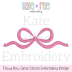 Flowy Bow Satin Stitch Embroidery Design: Design preview of a pink flowy bow satin stitch with long curling tails