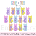 Peeps Sketch Stitch Embroidery Design: Font preview of pastel sketch stitch Peeps bunnies spelling Peeps Sketch Font