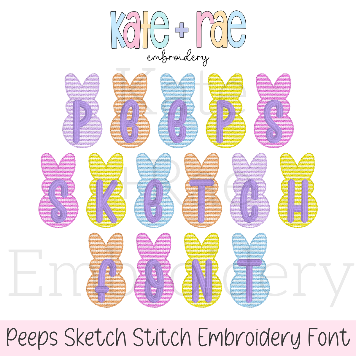 Peeps Sketch Stitch Embroidery Design: Font preview of pastel sketch stitch Peeps bunnies spelling Peeps Sketch Font