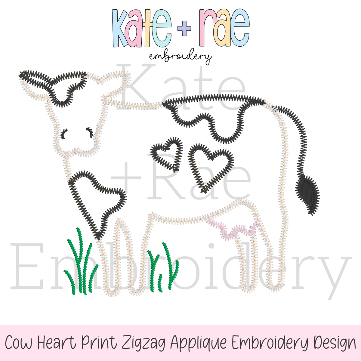Valentine's Day Cow with Hearts Zigzag Stitch Applique Embroidery Design: Design preview of a zigzag outline cow with heart shaped spots standing in grass
