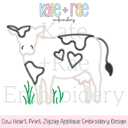 Valentine's Day Cow with Hearts Zigzag Stitch Applique Embroidery Design