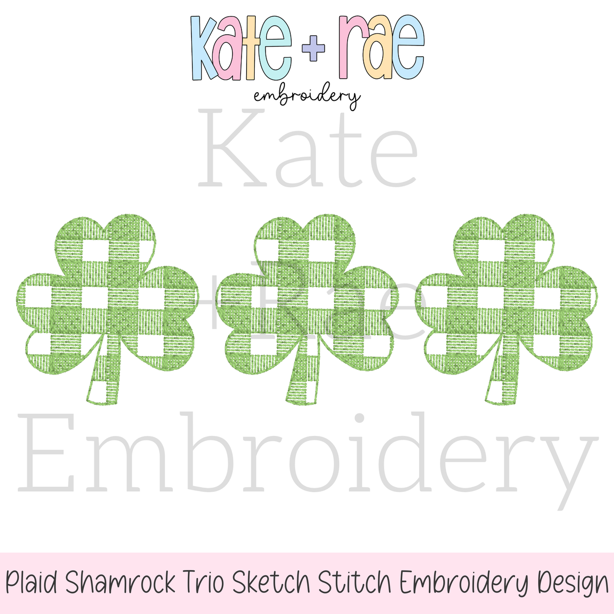 Plaid Shamrock Trio Sketch Stitch Embroidery Design: Design preview of three green gingham sketch stitch shamrocks