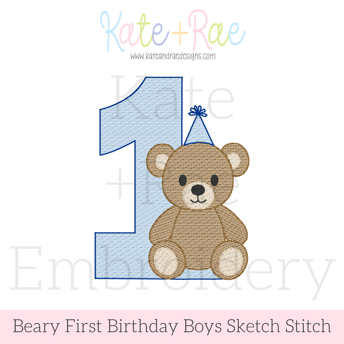 Beary First Birthday Sketch Stitch Embroidery Design: Design preview of a blue sketch number 1 with a teddy bear in a blue party hat