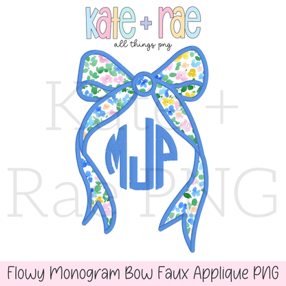 Flowy Monogram Longtail Bow Faux Satin Applique PNG
