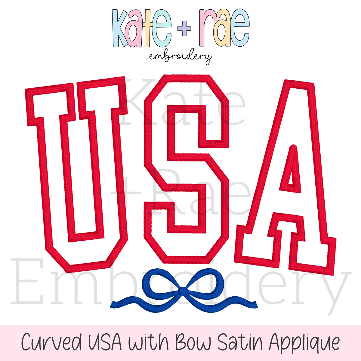 Curved USA with Bow Satin Stitch Applique Embroidery Design: Design preview of USA in red curved satin applique letters with a navy bow