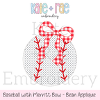 Baseball/ Softball with Merritt Bow Bean Stitch Embroidery Design: Design preview of a bean stitch outline baseball with a red gingham Merritt bow