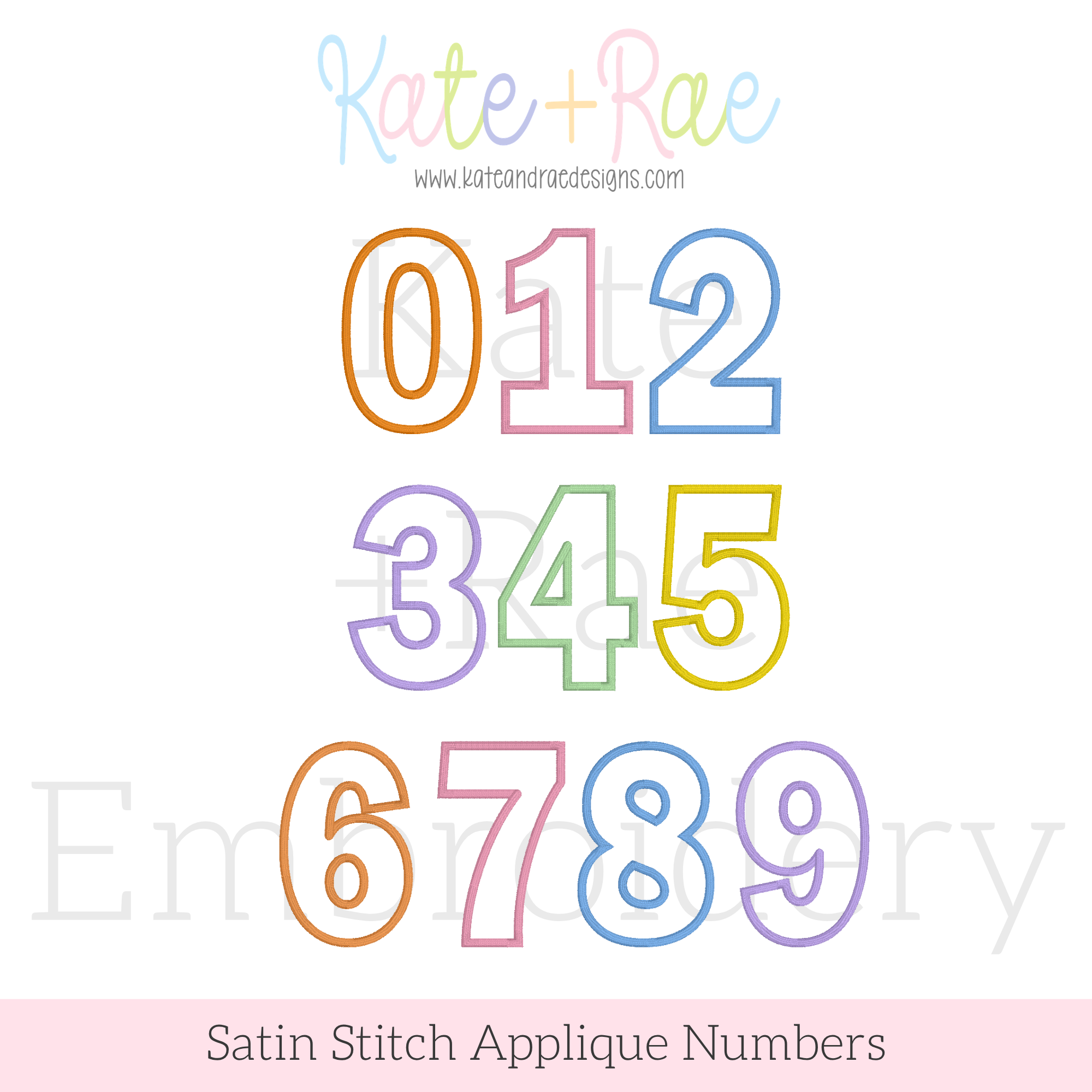 Birthday Numbers Satin Stitch Applique Embroidery Design: Design preview of numbers 0 to 9 in colorful satin stitch outline appliques