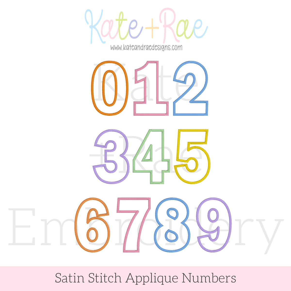 Birthday Numbers Satin Stitch Applique Embroidery Design: Design preview of numbers 0 to 9 in colorful satin stitch outline appliques