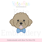 Goldendoodle Dog with Bow Tie Mini Fill Stitch Embroidery Design: Design preview of a tan mini fill goldendoodle face with a blue bow tie