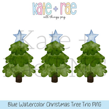Boy's Watercolor Christmas Tree Trio with Blue Stars PNG