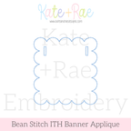 Scalloped Square ITH Banner Bean Stitch Applique Embroidery Design: Design preview of a blue scalloped square bean stitch banner outline with ribbon slots
