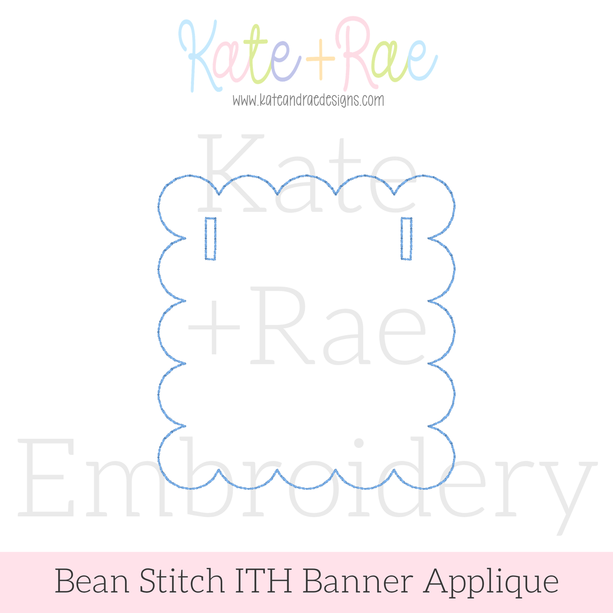 Scalloped Square ITH Banner Bean Stitch Applique Embroidery Design: Design preview of a blue scalloped square bean stitch banner outline with ribbon slots