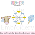 Boy's Fair with Cow Trio Sketch Stitch Embroidery Design: Design preview of a sketch stitch cow, Ferris wheel, and blue cotton candy