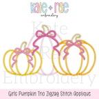 Girl's Fall Pumpkin Trio with Bows Zigzag Stitch Applique Machine Embroidery Design: Design preview of three yellow and pink zigzag applique pumpkin outlines with pink bows