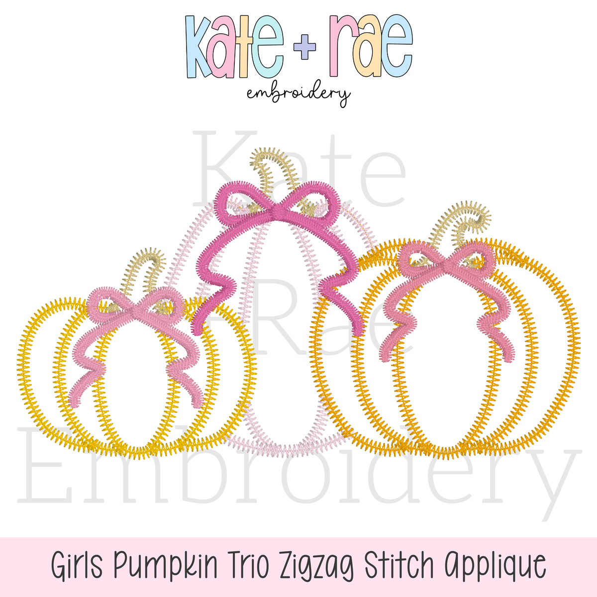 Girl's Fall Pumpkin Trio with Bows Zigzag Stitch Applique Machine Embroidery Design: Design preview of three yellow and pink zigzag applique pumpkin outlines with pink bows