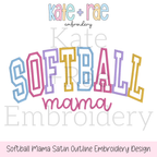 Curved Softball Mama Satin Stitch Outline Embroidery Design: Design preview of the word SOFTBALL in pastel curved collegiate outline letters above mama in pink script