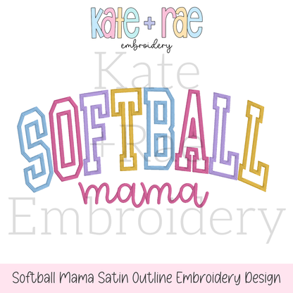Curved Softball Mama Satin Stitch Outline Embroidery Design