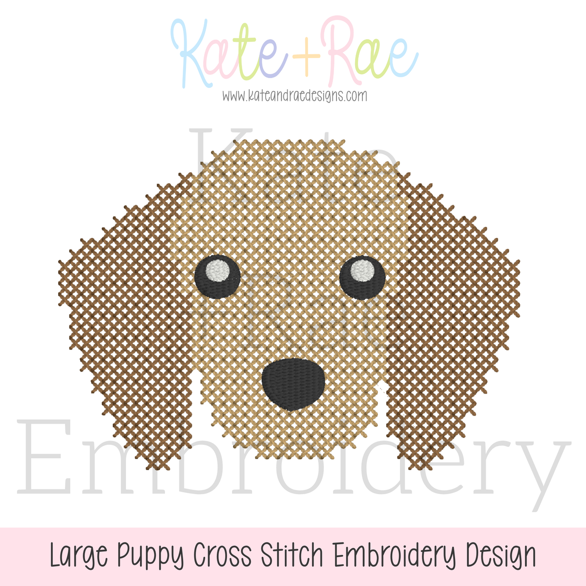 Large Puppy Dog Cross Stitch Embroidery Design: Design preview of a large brown puppy face in cross stitch