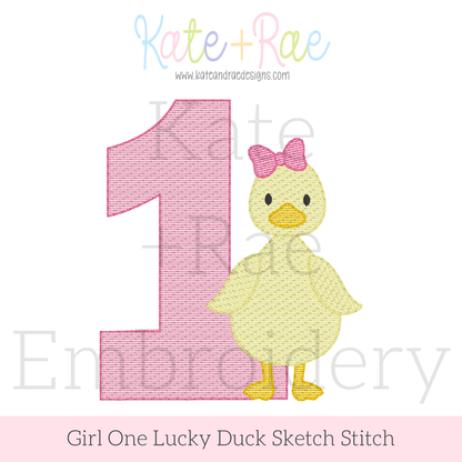 Girl's One Lucky Duck with Bow Tie Sketch Stitch Embroidery Design