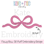 Flowy Bow 3D Puff Satin Stitch Embroidery Design: Design preview of a pink 3D puff flowy satin bow with long tails