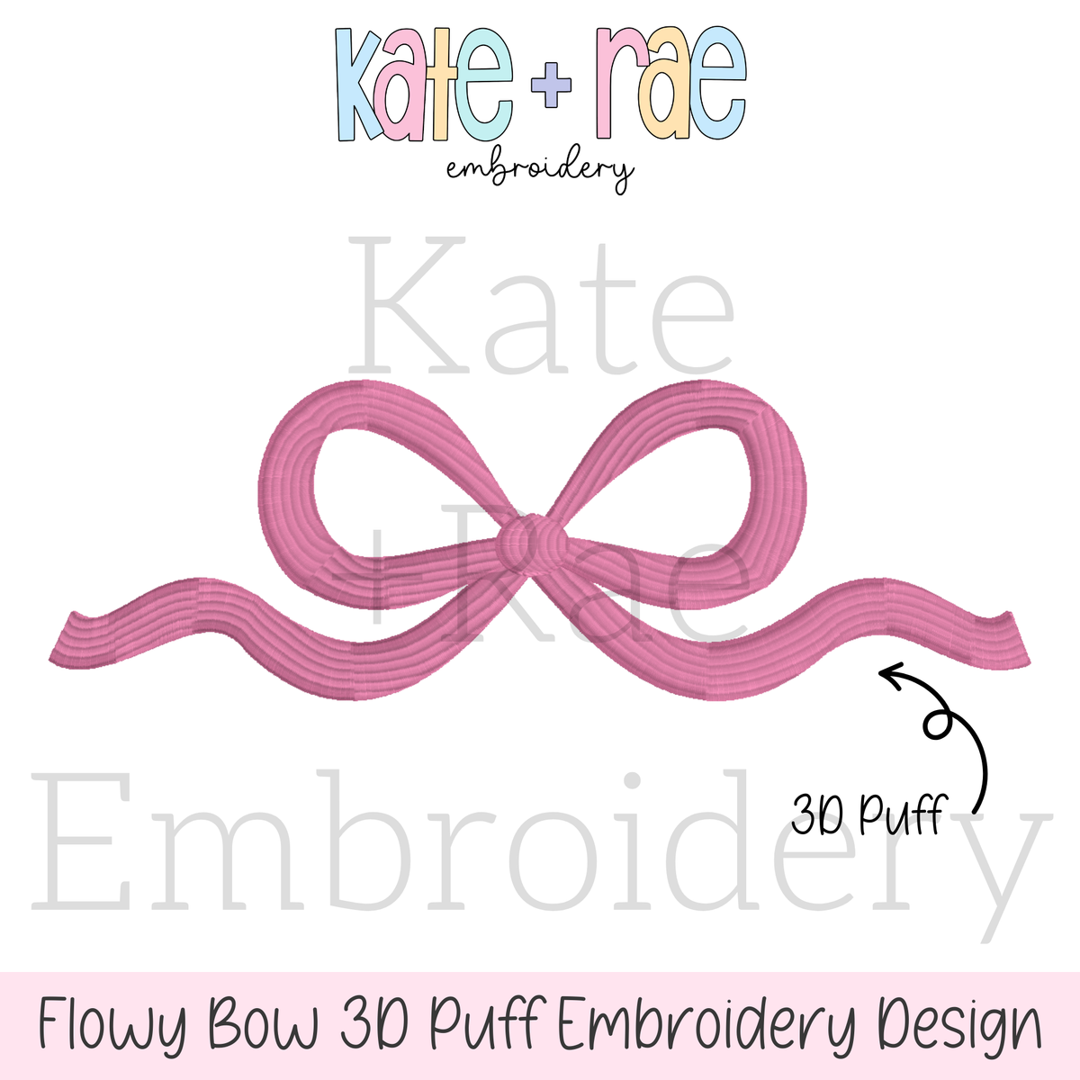 Flowy Bow 3D Puff Satin Stitch Embroidery Design: Design preview of a pink 3D puff flowy satin bow with long tails